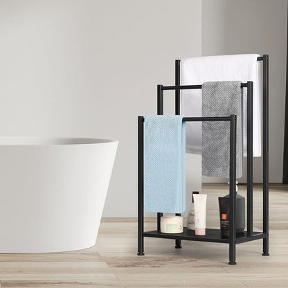 Freestanding Towel Rack, 3 Tier Metal Towel Rack, Black | Towel Racks for Bathroom, Blanket Rack Stand for Bedroom, Bath Towel Holder Stand, Floor Towel Holder with Wooden Storage