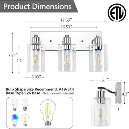 3 Lights Bathroom Light Fixtures Chrome Vanity Light with Clear Glass Shade 18in Modern Bathroom Lighting Fixtures Over Mirror for Bedroom/Living Room