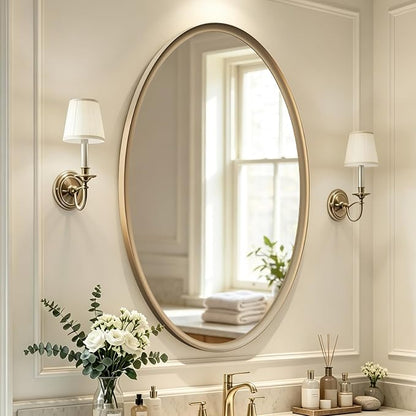 Brushed Gold Oval Bathroom Mirror 20x28 Inch | Vanity Wall Mirror, Crystal-Clear HD Glass, Rust-Proof Aluminum Frame, Inner-Curved Decor for Bedroom, Entryway Renovation