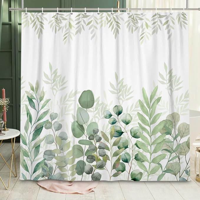 Green Eucalyptus Shower Curtain, Leaf Plant Herbs Spring Nature Waterproof Fabric Machine Washable with Hooks for Bathroom Bathtub 60Wx72H