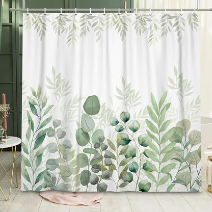 Green Eucalyptus Shower Curtain, Leaf Plant Herbs Spring Nature Waterproof Fabric Machine Washable with Hooks for Bathroom Bathtub 60Wx72H