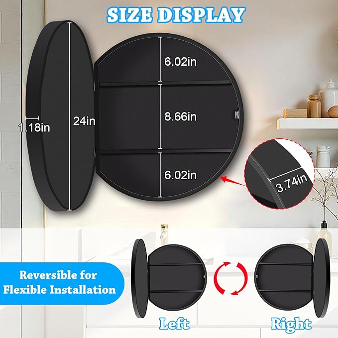 24 x 24 Inch Round Medicine Cabinet with Mirror, Surface Mount Only, Black Metal Frame Bathroom Mirror Cabinet, Modern Shatterproof Vanity Mirror with Storage