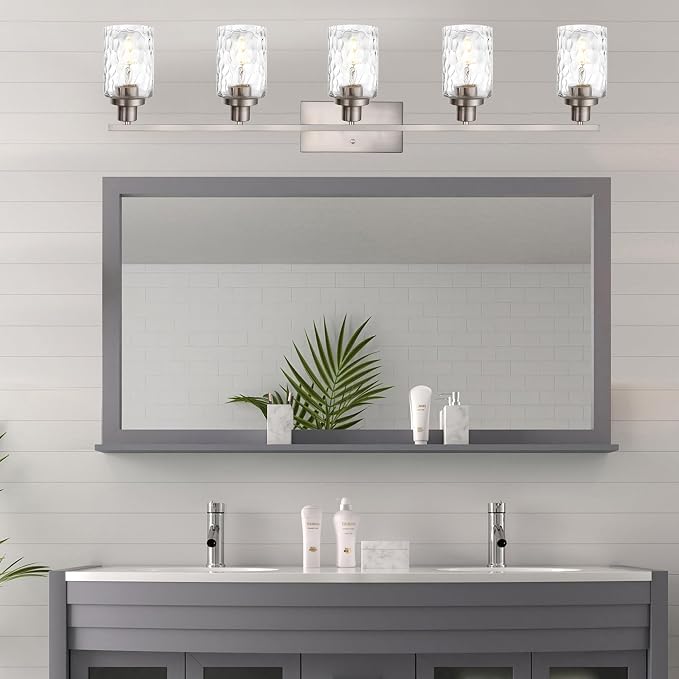 MELUCEE 5-Light Bathroom Light Fixtures Brushed Nickel Finish | Modern Vanity Light Industrial Wall Lamp with Clear Hammered Glass Shade for Powder Room Bedroom (Patent No.: US D963914 S)