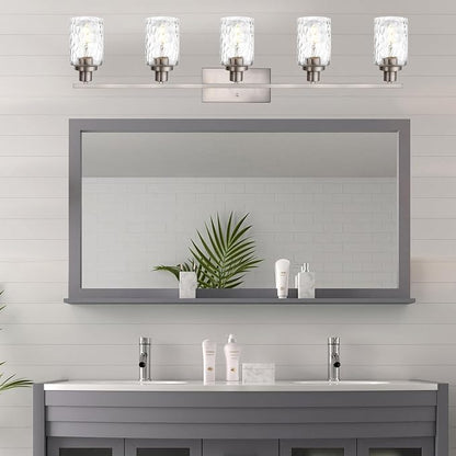 MELUCEE 5-Light Bathroom Light Fixtures Brushed Nickel Finish | Modern Vanity Light Industrial Wall Lamp with Clear Hammered Glass Shade for Powder Room Bedroom (Patent No.: US D963914 S)