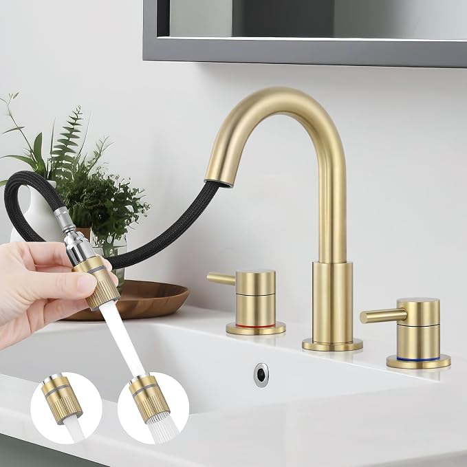 8 Inch Bathroom Faucet 3 Hole Gold Pull Down Bathroom Sink Faucet | Stainless Steel,Two Water Flow Modes,Brushed Nickle,3 hole Widespread,Pop-up Drain,Water Supply Hoses,Pull Down Sprayer,