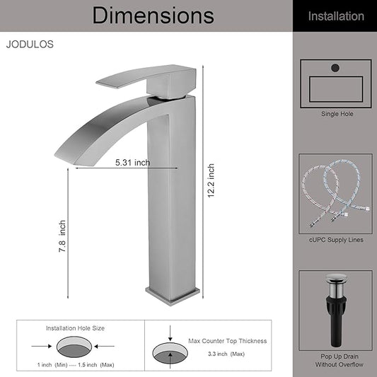 Vessel Sink Faucet Brushed Nickel, Single Handle Waterfall Tall Bathroom Sink Faucet Single Hole with cUPC Supply Hose and Pop Up Drain JU-BS101-BN