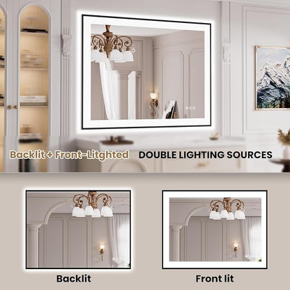 LOAAO 40"X30" LED Bathroom Mirror Black Framed | Anti-Fog, Dimmable, Memory Function, Tempered Glass, Lighted Vanity Mirror for Wall