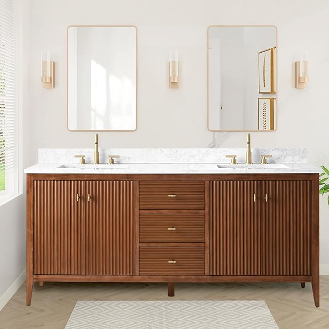HOMEBEYOND 72" Bathroom Vanity with Double Sink, Solid Wood Bathroom Vanity Free-Standing Cabinet, Ceramic Top & Soft Closing Door, Golden Brushed Handware, Walnut