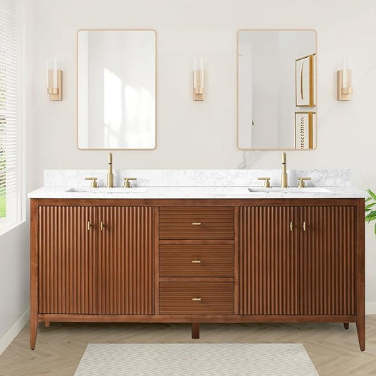 HOMEBEYOND 72" Bathroom Vanity with Double Sink, Solid Wood Bathroom Vanity Free-Standing Cabinet, Ceramic Top & Soft Closing Door, Golden Brushed Handware, Walnut