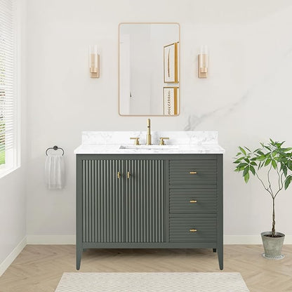 HOMEBEYOND 42" Bathroom Vanity with Sink, Solid Wood Bathroom Vanity Free-Standing Cabinet, Drawers, Ceramic Top & Soft Closing Door, Golden Brushed Handware, Vintage Green
