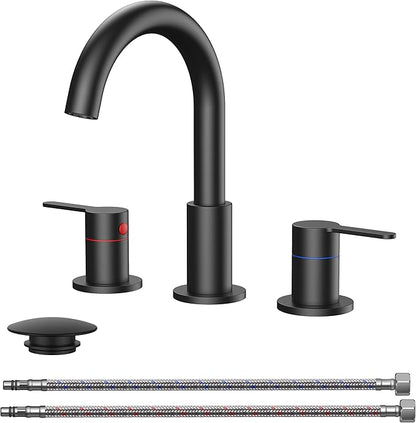 QFN Matte Black Bathroom Faucets 3 Hole, 8 Inch Widespread Vanity Sink Faucet with Aerator, 2 Handle 360° Swivel High Arc Spout, Spot-Free Finish, cUPC NSF Certified and CEC & DOE Compliant