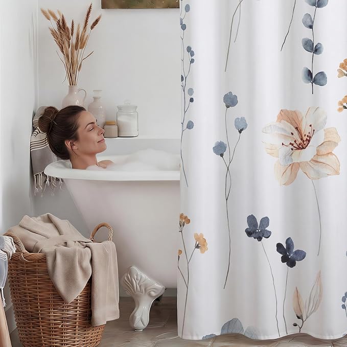 No Hook Floral Shower Curtain with Liner, Blue Beige, 71x86 | Snap in Liner, 3 in 1, Water Repellent, Easy Install, Machine Washable, Hotel Style for Bathroom, Watercolor Pattern