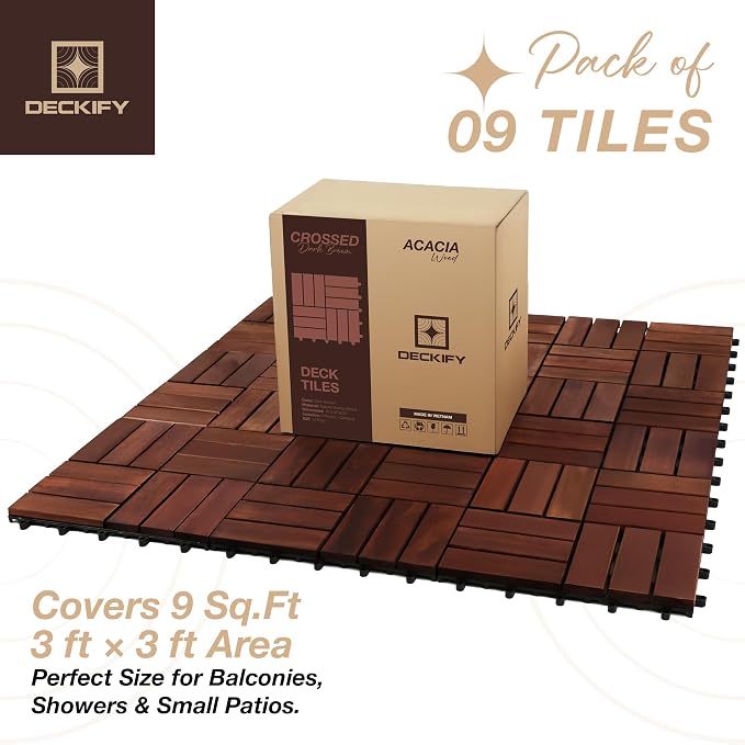 Acacia Wood Interlocking Deck Tiles Outdoor Flooring for Patio, Balcony | Raised Drainage Base, 12x12 In, Trimmable, Oil-Rubbed Finish, No Tools or Sealant Required, Weather-Resistant, Washable