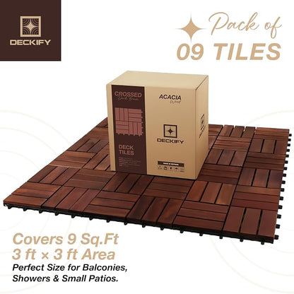 Acacia Wood Interlocking Deck Tiles Outdoor Flooring for Patio, Balcony | Raised Drainage Base, 12x12 In, Trimmable, Oil-Rubbed Finish, No Tools or Sealant Required, Weather-Resistant, Washable