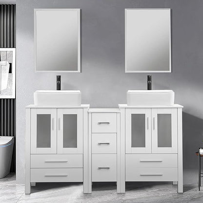 UEV 60" Double Sink Bathroom Vanity,White Bathroom Vanity with Double Side Vanity Cabinets & Removable 3 Drawer Storage Cabinet with Modern Vessel Sink Combo,Mirror Not Included(031WH)