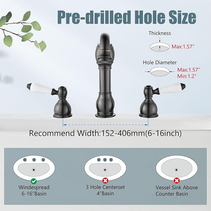 Widespread Bathroom Sink Faucet 3 Hole White Lever Oil Rubbed Bronze | Vintage 8 Inch Brass Sink Faucet,2 Ceramic Handle,Pop Up Drain,cUPC Hose,for 6-16″Centerset Basin,Farmhouse,RV,Vanity