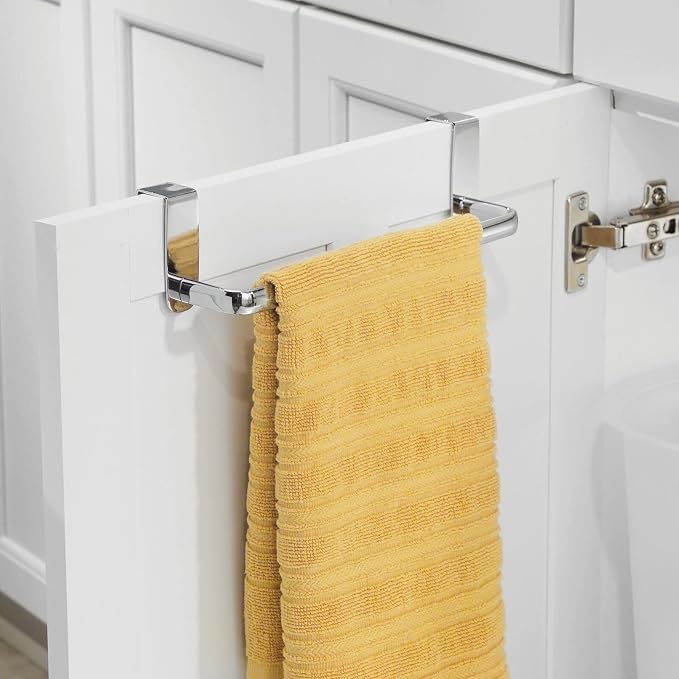 mDesign Steel Metal Wire Over Cabinet Towel Rack Storage Organizer - Hang on Cabinet or Door - Towel Bar Holder for Kitchen - Holds Hand Towels, Washcloths - Spira Collection, 2 Pack, Chrome