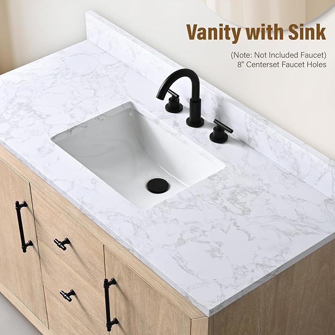 HOMEBEYOND 48 Inch Bathroom Vanity with Single Sink & Ceramic Top, MDF Material Vanity Cabinet with Basin Combo, Soft-Closing Doors, Removable Shelf, Backsplash