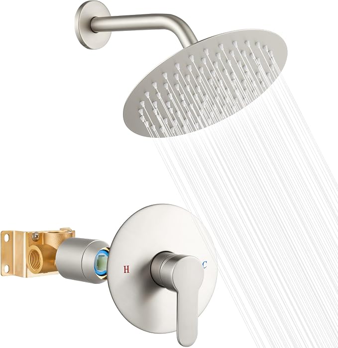 Heyalan 8-Inch Round Rain Shower Faucet Set with Valve, Brushed Nickel | SUS304 stainless steel shower head, brass rough-in valve, single-handle control, 1.8 GPM, ideal for bathroom remodels