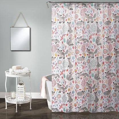 Lush Decor Pixie Fox Shower Curtain, 72" W x 72" L, Navy & Pink - Pink Shower Curtain - Fun Kids Floral & Animal Bathroom Decor