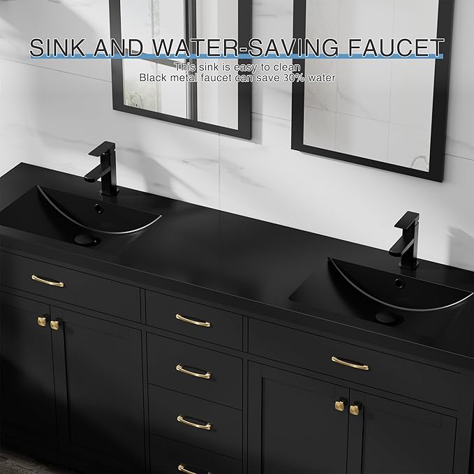 LUCKWIND 72" Bathroom Vanity and Sink Combo, Painted Modern Bathroom Storage Cabinet with Double Large Black Sink, Four Doors and Three Drawers, Include Faucet, Without Mirror, Black