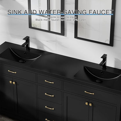 LUCKWIND 72" Bathroom Vanity and Sink Combo, Painted Modern Bathroom Storage Cabinet with Double Large Black Sink, Four Doors and Three Drawers, Include Faucet, Without Mirror, Black
