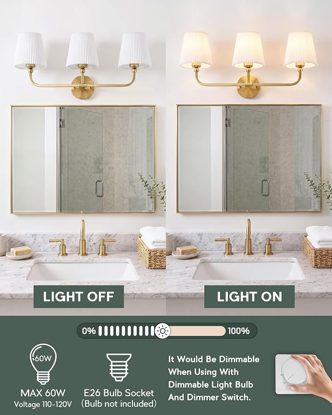 3-Light Brushed Gold Bathroom Vanity Light, Pleated Fabric Shade | 24.75" 3-light gold double wall sconce with white pleated fabric shades, E26 bulbs, hardwired, upward only, VL837-BG-Z-3