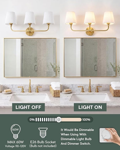 3-Light Brushed Gold Bathroom Vanity Light, Pleated Fabric Shade | 24.75" 3-light gold double wall sconce with white pleated fabric shades, E26 bulbs, hardwired, upward only, VL837-BG-Z-3