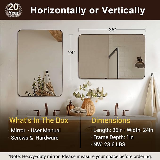 Wall Mirror for Bathroom, 24"x36" Brushed Bronze Bathroom Mirror, Rounded Rectangle Mirror for Vanity, Stainless Steel Metal Frame