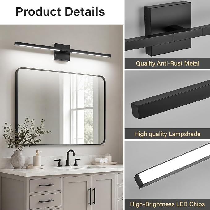 Black Bathroom Vanity Light, 31 Inch LED Light Bar Over Mirror | Modern Bathroom Light Fixture Over Mirror for Vanity, 360° Rotatable Dimmable LED Wall Mounted Lighting, ETL Certified