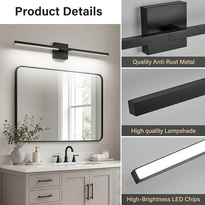 Black Bathroom Vanity Light, 31 Inch LED Light Bar Over Mirror | Modern Bathroom Light Fixture Over Mirror for Vanity, 360° Rotatable Dimmable LED Wall Mounted Lighting, ETL Certified