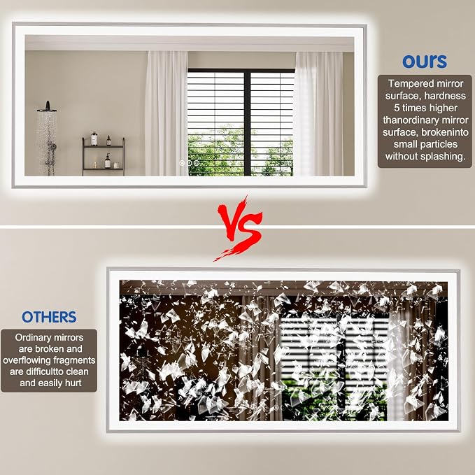 55x36 Inch LED Bathroom Mirror with Silver Frame | Silver Metal Frame, Front and Backlit, 3 Colors, Dimmable, Memory, Anti Fog, Tempered Glass, Lighted Mirror for Wall