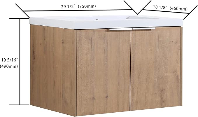 30 Inch Bathroom Vanity with Sink, Modern Wall Mount Floating Bathroom Vanity Set, Brown Vanity, Ceramic Sink and Soft Close Door