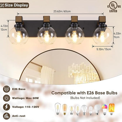 Bathroom Light Fixtures Over Mirror, Rustic 4-Light Wood Vanity Lights for Bathroom, Vintage Black Bathroom Wall Sconces Lighting with Globe Shades for Mirror Hallway Cabinet Living Room