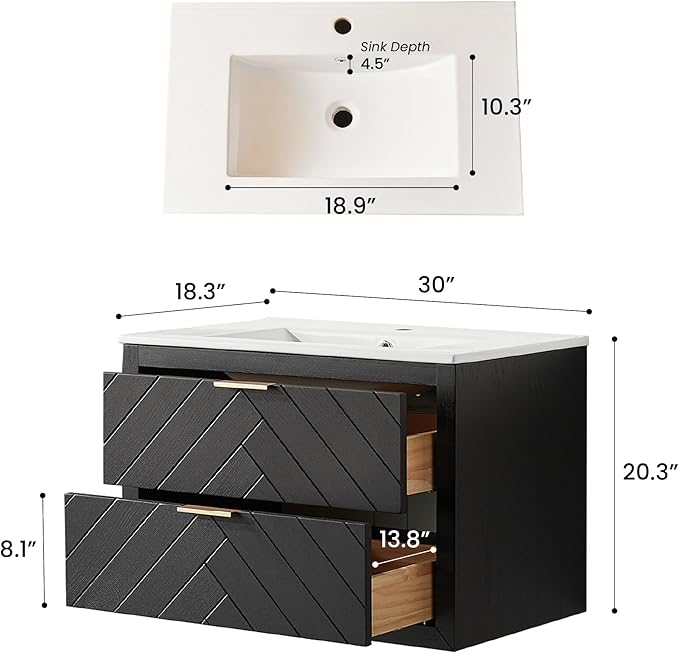 30 in. Wall Mounted Bathroom Vanity with Sink, Fully Assembled Floating Vanity with Double Drawers, Black Finish