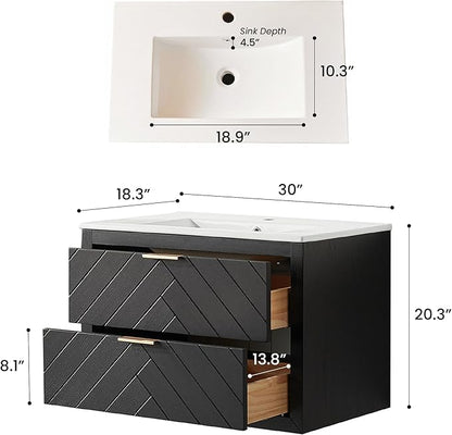 30 in. Wall Mounted Bathroom Vanity with Sink, Fully Assembled Floating Vanity with Double Drawers, Black Finish