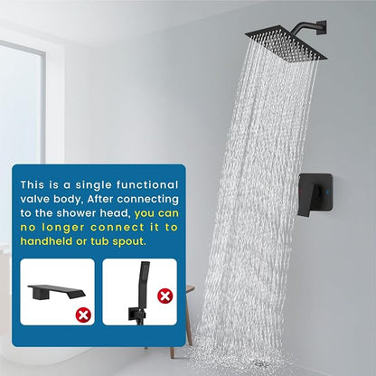 Matte Black Shower Faucet Set, 8 Inch Rain Shower System with Valve | Complete Rain Shower Set with Valve, Single Handle Wall Mount Design