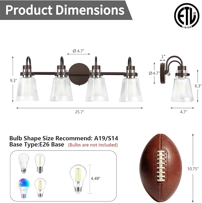 Vintage Farmhouse Vanity Wall Sconce Lighting, 4-Light Oil Rubbed Bronze Bathroom Vanity Light Over Mirror with Clear Striped Glass Shade, 25.7" Retro Wall Lamp for Bedroom Living Room
