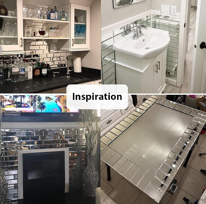 Peel and Stick Mirror Subway Tiles, Silver, 3x6 Inch, Beveled Mirror Backsplash for Kitchen Bar Bathroom Wall Tile (5 Sq.ft, 40 Pcs)