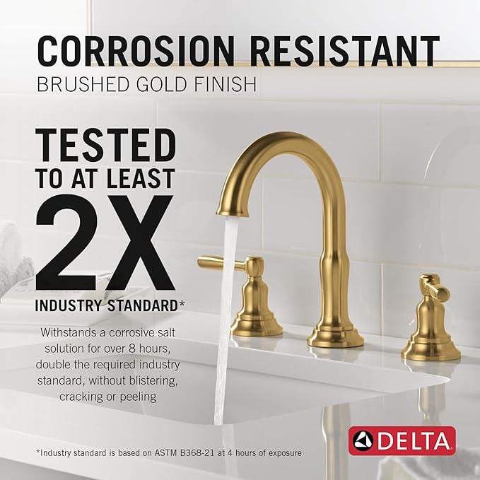Delta Roe Brushed Gold Bathroom Faucet 3 Hole, 8 Inch Widespread Bathroom Sink Faucet for Vanity, Push-Pop Drain Assembly, Brushed Gold 35985LF-GB