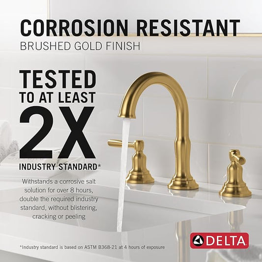 Delta Roe Brushed Gold Bathroom Faucet 3 Hole, 8 Inch Widespread Bathroom Sink Faucet for Vanity, Push-Pop Drain Assembly, Brushed Gold 35985LF-GB