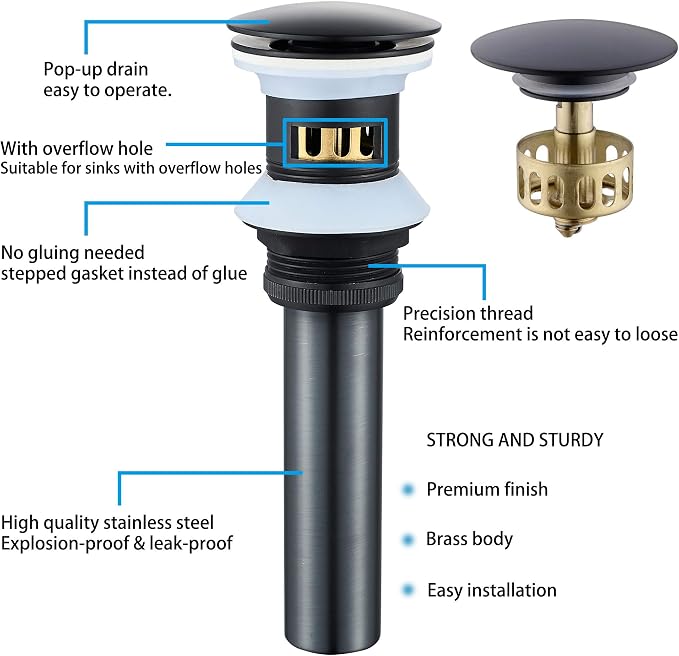 Bathroom Sink Drain with Overflow Hole Black Vessel Vanity Sink Pop Up Drain Stopper with Detachable Basket, Anti-Explosion and Anti-Clogging Drain Strainer