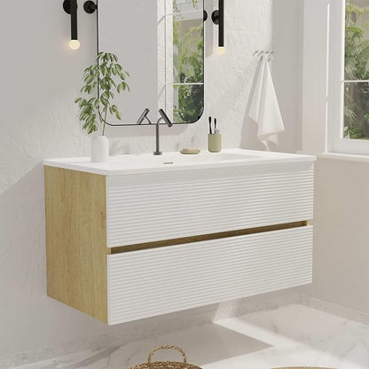 36'' Floating Bathroom Vanity with Sink Combo, Modern Bathroom Cabinet with 2-Soft Close & Large Storage Drawers, for Bath, Apartment, Hotel, White and Natural (Already Assembled)