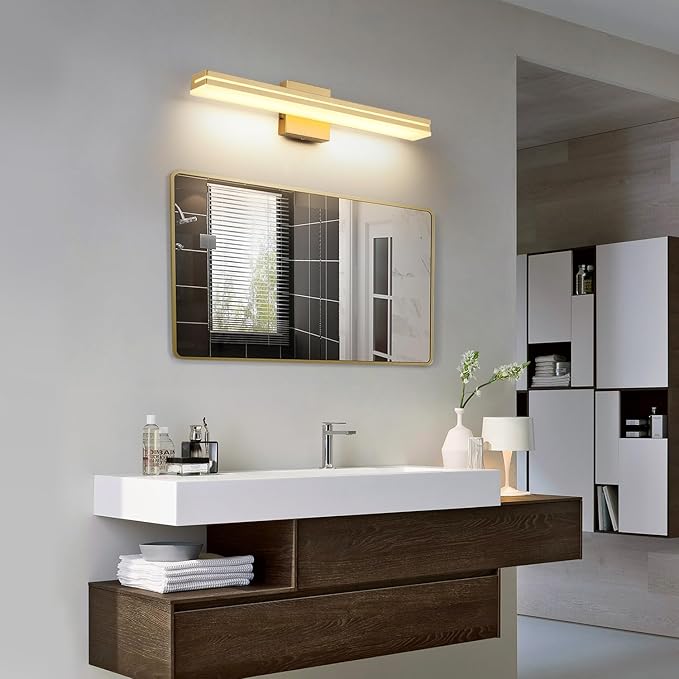 SineRise LED Modern Bathroom Vanity Light Fixtures (24-Inch, 3000K/4000K/6000K, Dimmable), Gold Modern Acrylic Bathroom Wall Lighting Fixtures Over Mirror