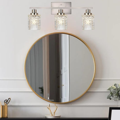 MELUCEE 3 Lights Bathroom Light Fixtures Brushed Nickel | Modern Vanity Lights Indoor Wall Mounted Light with Hammered Glass Shade Suitable for Bathroom Living Room Hallway