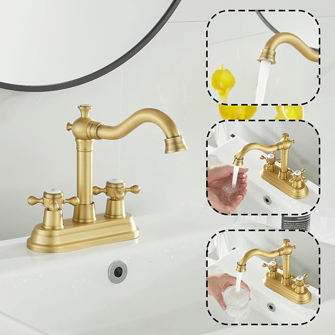 Bathroom Faucet Antique Brass 2 Handles 4 Inches Centerset Bathroom Vanity with Drain Assembly and Supply Hose Lavatory Faucet