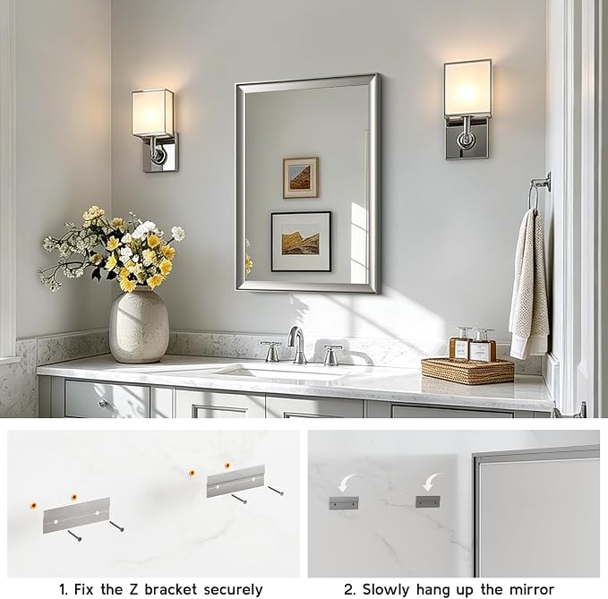 2 Pack Brushed Nickel Bathroom Mirrors 22x30 Inch | Silver Rectangle Vanity Mirror for Bedroom, Entryway, Living Room Decor, Aluminum Framed, Curved Wide Edge, Anti-Rust