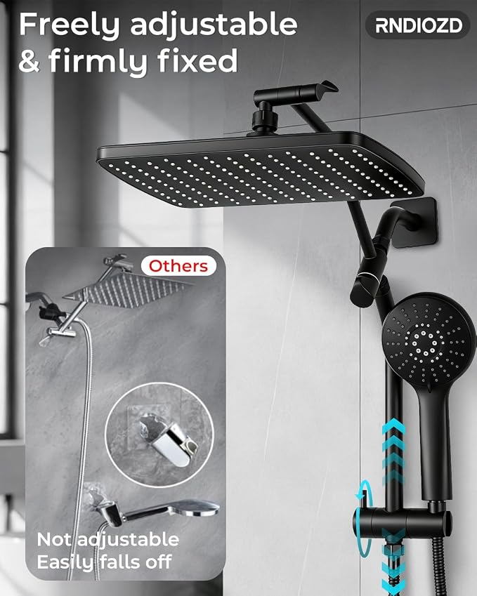 Shower Head with Handheld,High Pressure Black Slide Bar Shower Head | Regaderas Para Shower,11.8" Rectangular,Shower Head,Dual Shower Head,Bathroom Decor,Extension Arm,5 Spray Mode