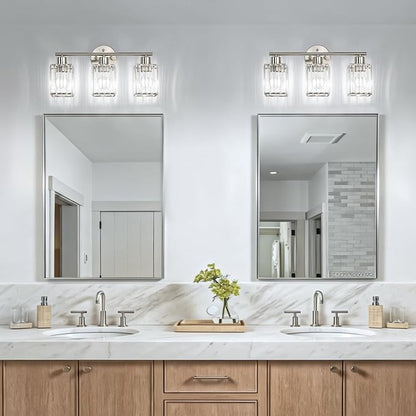 3 Light Bathroom Light Fixtures, Modern Crystal Vanity Lights over Mirror | Metal Frame, Bathroom Light with Square Crystal Shade, ETL Certified, E26 Ceramic Socket, Bulbs Not Included