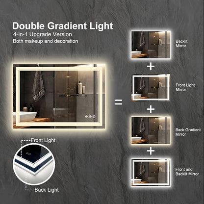 Lighted Bathroom Mirror, 40x30 Inch Gradient Front and Backlit LED Bathroom Mirror, 3 Colors Dimmable CRI>90 Double Lights, Enhanced Anti-Fog, Hanging Plates Wall Mount LED Mirror